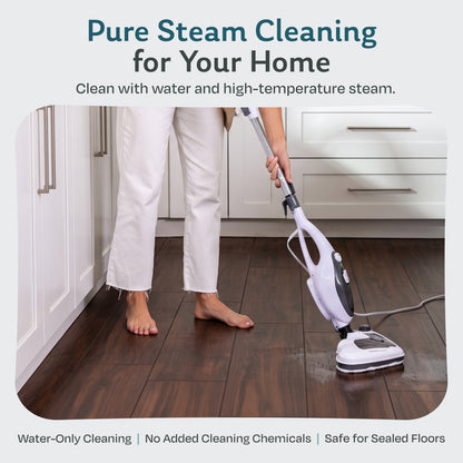 Person using the Housekeeper steam mop with water only on a sealed wood kitchen floor, no added cleaning chemicals