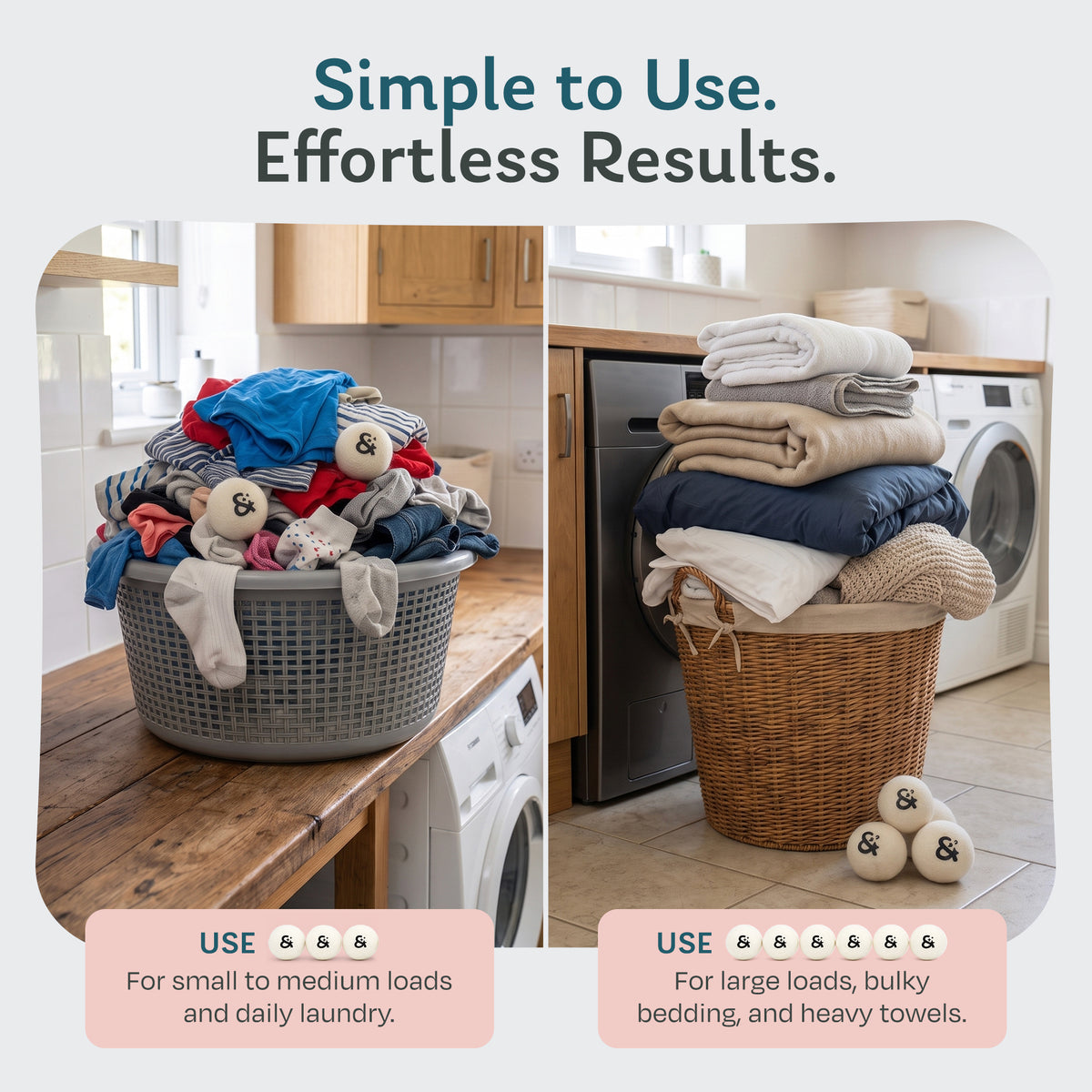 How many wool dryer balls to use: 3 for small to medium loads, 6 for large loads, bulky bedding and heavy towels