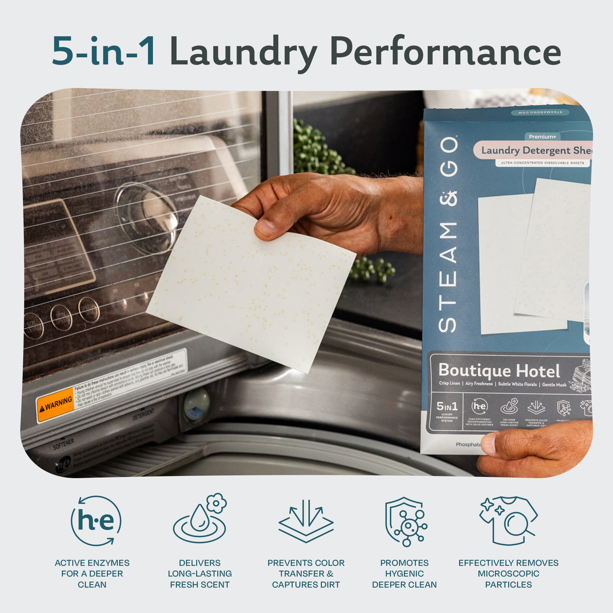 Hand placing a Steam & Go laundry detergent sheet into a washing machine, 5-in-1 enzyme formula for a deeper clean and long-lasting scent