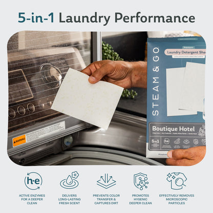Hand placing a Steam & Go laundry detergent sheet into a washing machine, 5-in-1 enzyme formula for a deeper clean and long-lasting scent