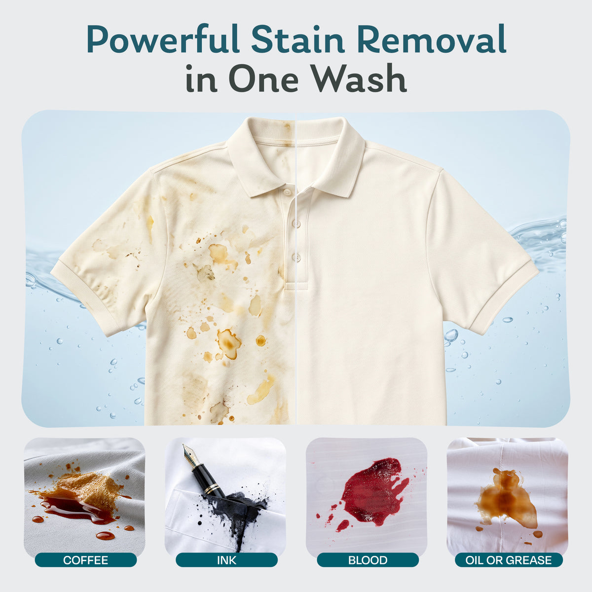 Before and after shirt washed with Steam & Go laundry detergent sheets, removing coffee, ink, blood and grease stains in one wash