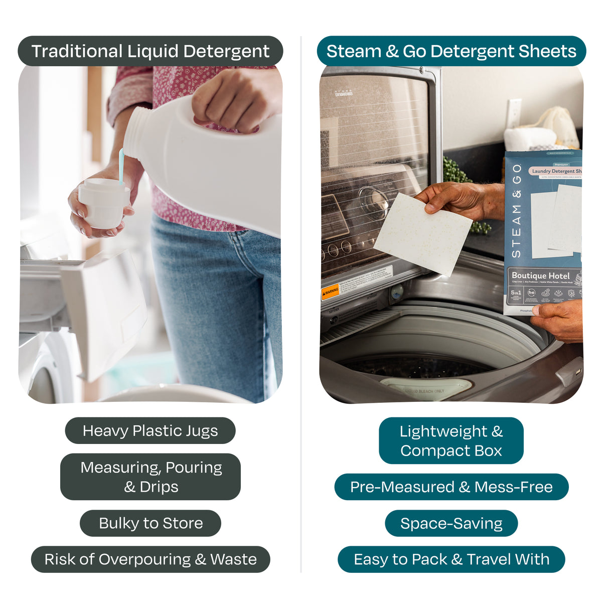 Laundry detergent sheets vs liquid detergent: Steam & Go pre-measured, mess-free sheets compared to a heavy plastic detergent jug
