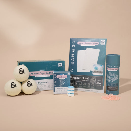 Steam & Go Laundry Ultimate System with Boutique Hotel laundry detergent sheets, scent booster beads, XL wool dryer balls and washing machine cleaner tablets