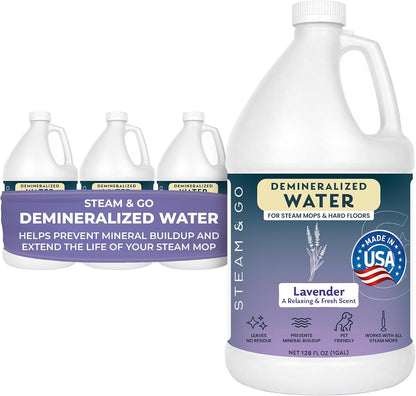 Steam & Go Lavender scented demineralized water for steam mops, 4-pack of 1-gallon jugs, made in USA, helps prevent mineral buildup and extend steam mop life