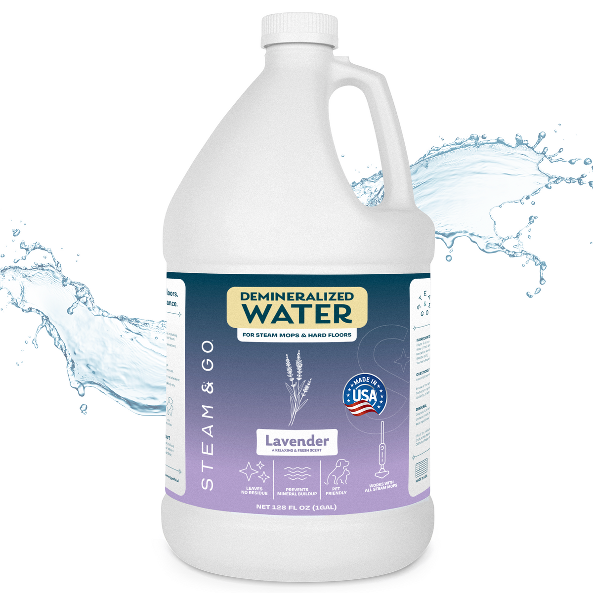 Steam & Go Lavender scented demineralized water for steam mops and hard floors, 1 gallon, made in USA, prevents mineral buildup