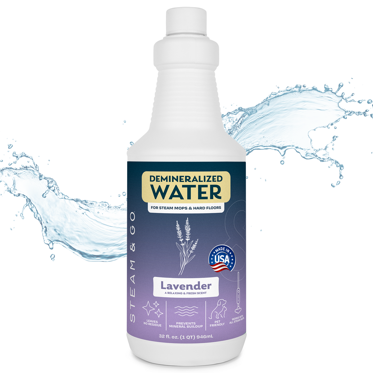 Steam & Go Lavender scented demineralized water for steam mops and hard floors, 32 oz, made in USA, prevents mineral buildup