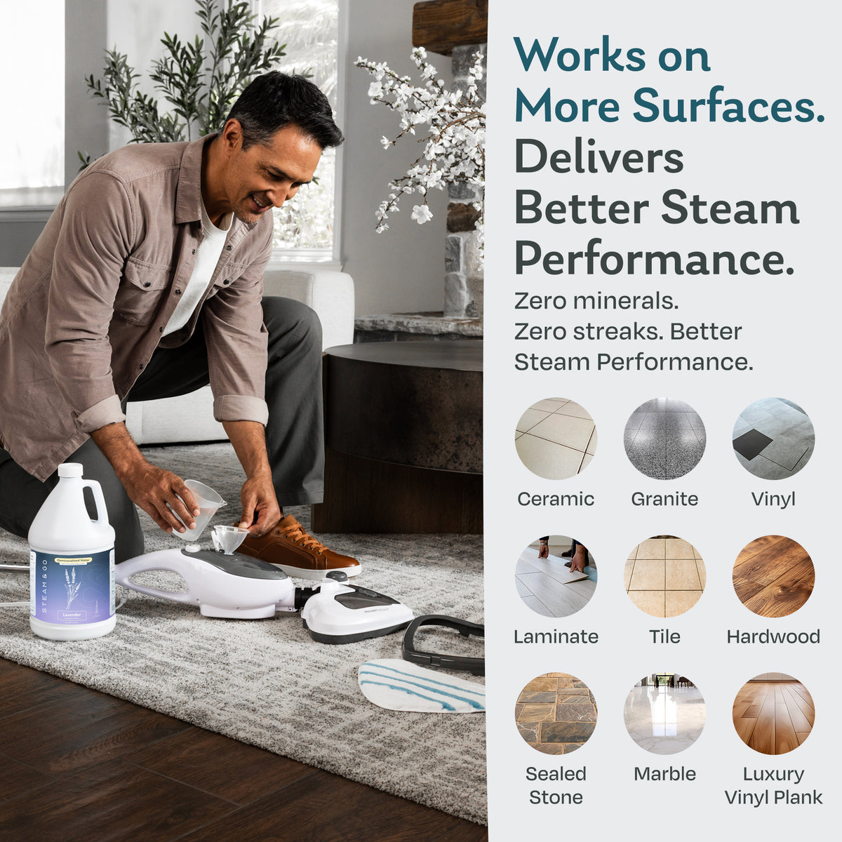 Man filling a steam mop with Lavender scented demineralized water for streak-free cleaning on ceramic, granite, vinyl, laminate, tile, hardwood, sealed stone, marble and luxury vinyl plank