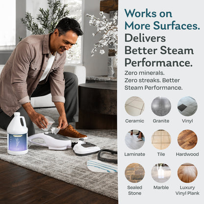 Man filling a steam mop with Lavender scented demineralized water for streak-free cleaning on ceramic, granite, vinyl, laminate, tile, hardwood, sealed stone, marble and luxury vinyl plank