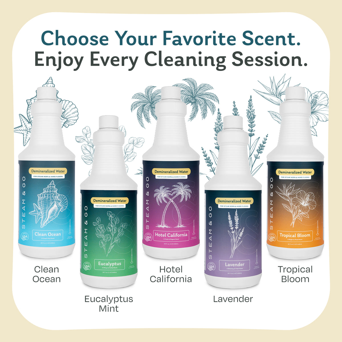 Steam & Go scented demineralized water for steam mops in Clean Ocean, Eucalyptus Mint, Hotel California, Lavender and Tropical Bloom scents
