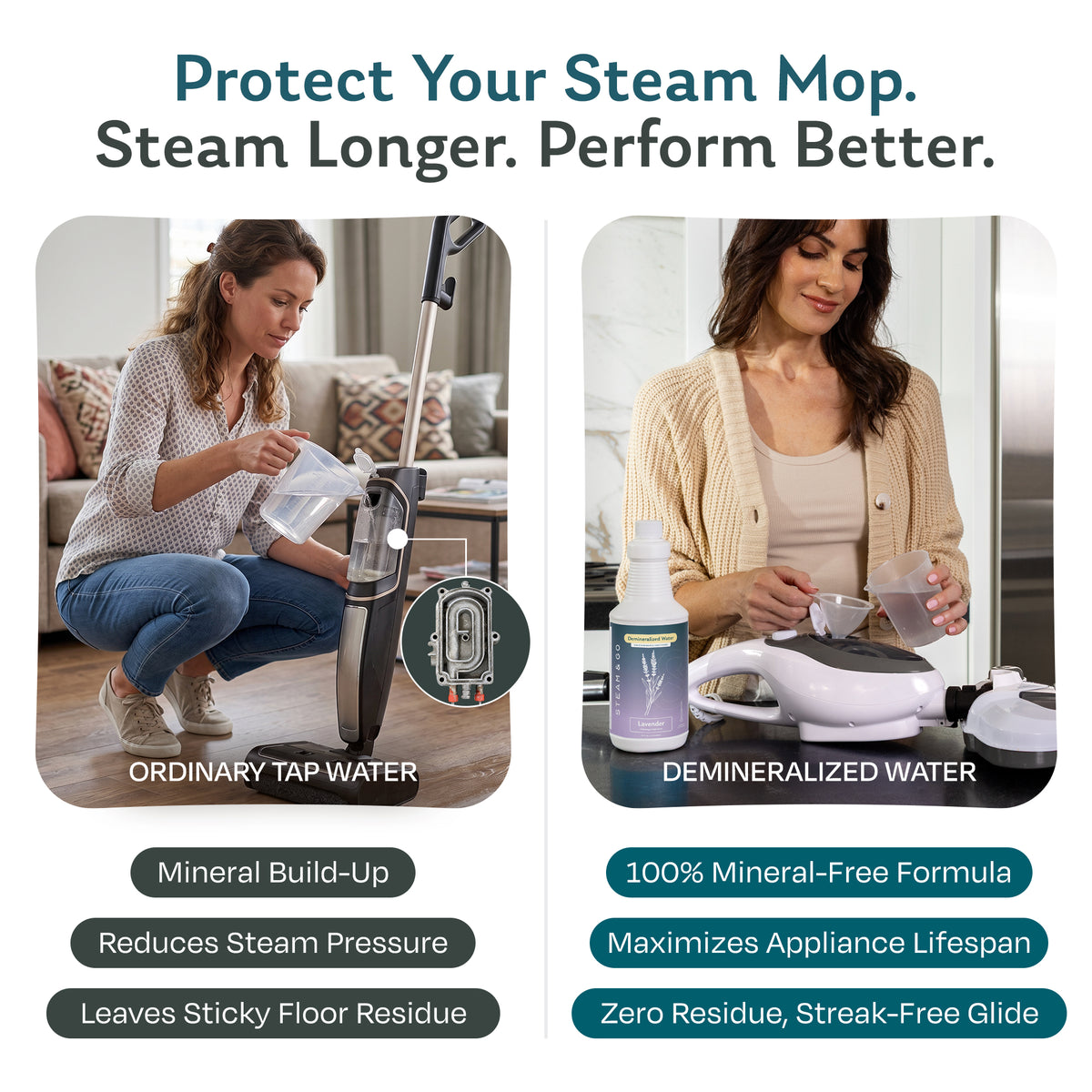 Tap water vs Lavender scented demineralized water for steam mops: tap water causes mineral buildup, while mineral-free water protects the mop and leaves streak-free floors