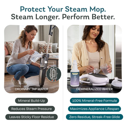 Tap water vs Lavender scented demineralized water for steam mops: tap water causes mineral buildup, while mineral-free water protects the mop and leaves streak-free floors