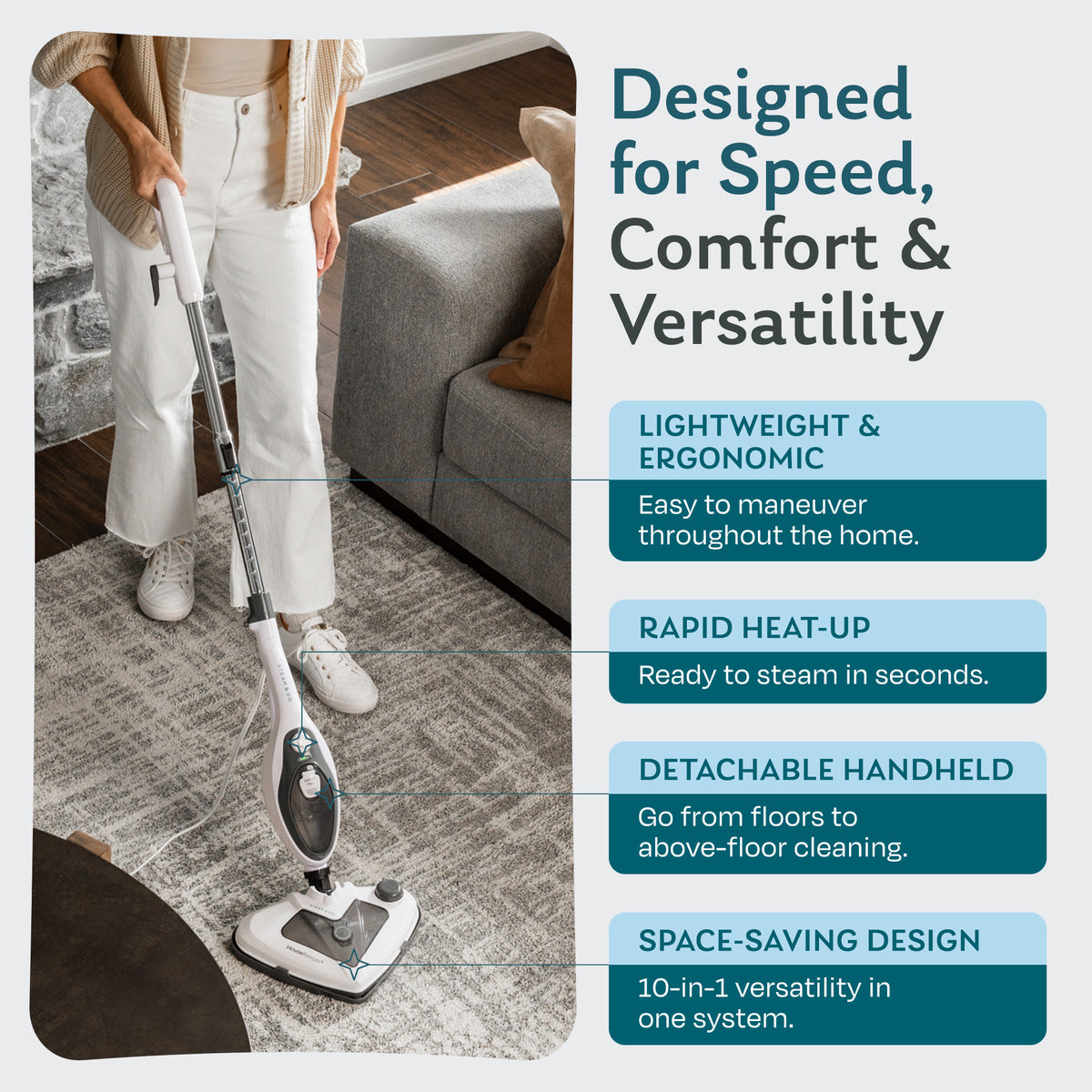 Lightweight Housekeeper steam mop with rapid heat-up and detachable handheld cleaner, used on an area rug in a living room