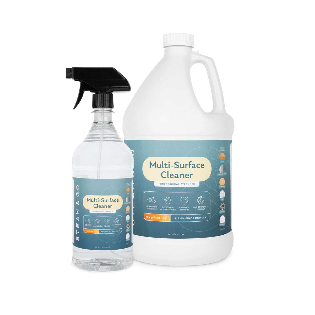Steam & Go multi-surface cleaner bundle with a 32 oz spray bottle and a 1-gallon refill jug