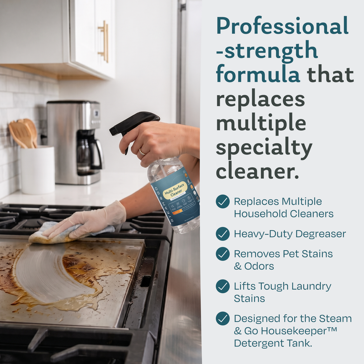 Spraying Steam & Go professional strength multi-surface cleaner on a greasy stainless steel stovetop, a heavy-duty degreaser that replaces multiple specialty cleaners