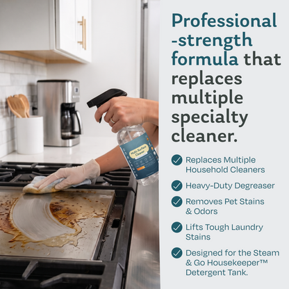 Spraying Steam & Go professional strength multi-surface cleaner on a greasy stainless steel stovetop, a heavy-duty degreaser that replaces multiple specialty cleaners
