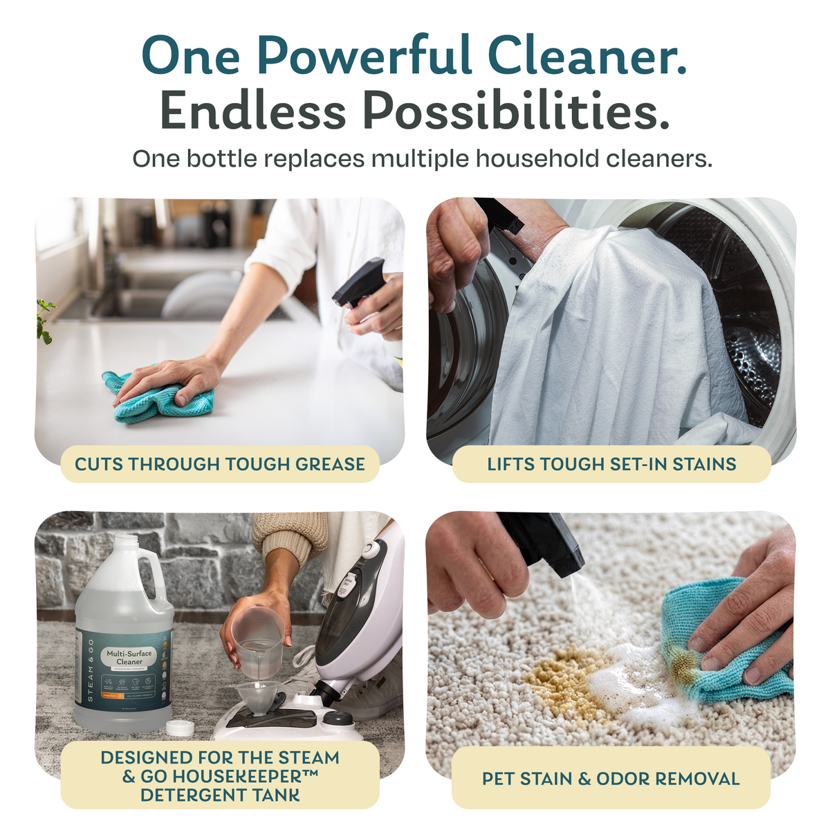 Multi-surface cleaner uses: cutting grease on kitchen counters, pre-treating laundry stains, filling The Housekeeper steam mop detergent tank, and removing pet stains and odors from carpet