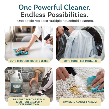 Multi-surface cleaner uses: cutting grease on kitchen counters, pre-treating laundry stains, filling The Housekeeper steam mop detergent tank, and removing pet stains and odors from carpet
