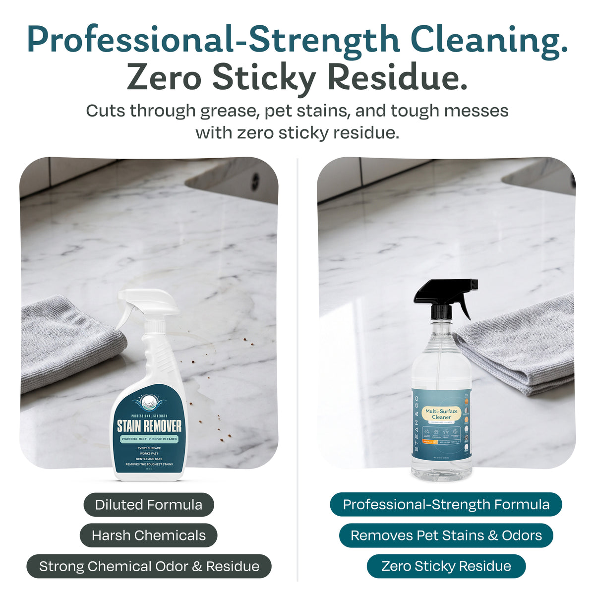 Generic stain remover vs Steam & Go professional strength multi-surface cleaner on a marble counter: removes pet stains and odors with no sticky residue