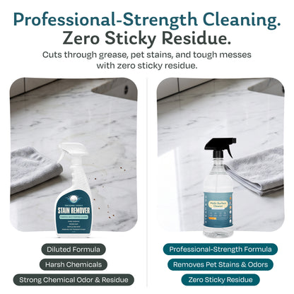 Generic stain remover vs Steam & Go professional strength multi-surface cleaner on a marble counter: removes pet stains and odors with no sticky residue