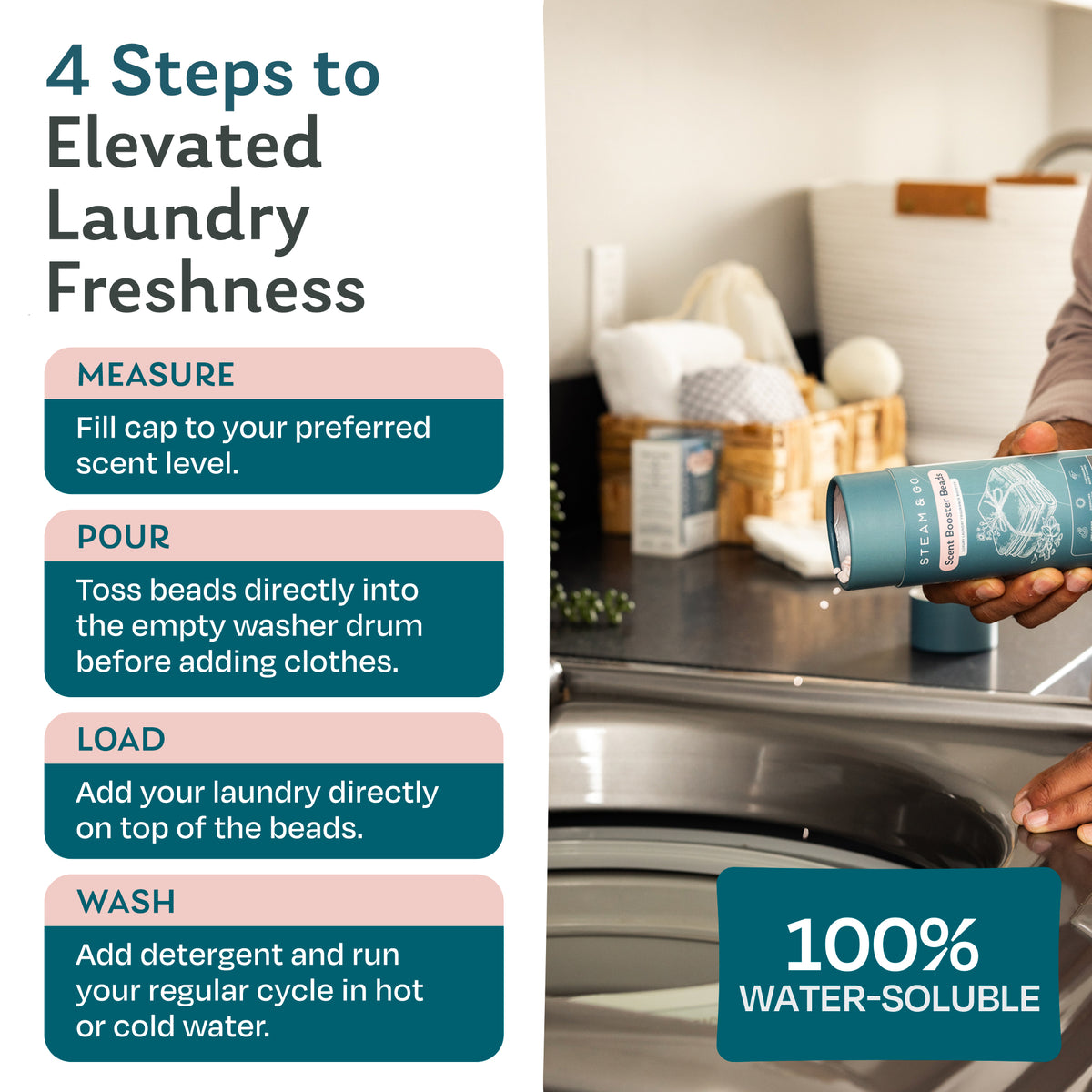 Pouring Steam & Go scent booster beads into an empty washing machine drum before adding laundry: measure, pour, load and wash in hot or cold water