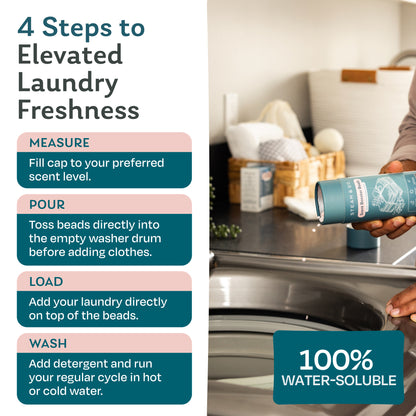 Pouring Steam & Go scent booster beads into an empty washing machine drum before adding laundry: measure, pour, load and wash in hot or cold water