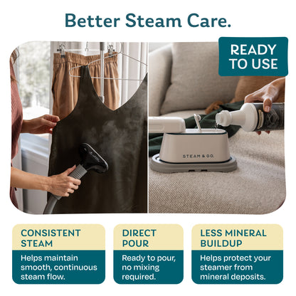 Steaming a dress with a garment steamer and pouring ready-to-use demineralized water into a handheld steamer for consistent steam and less mineral buildup