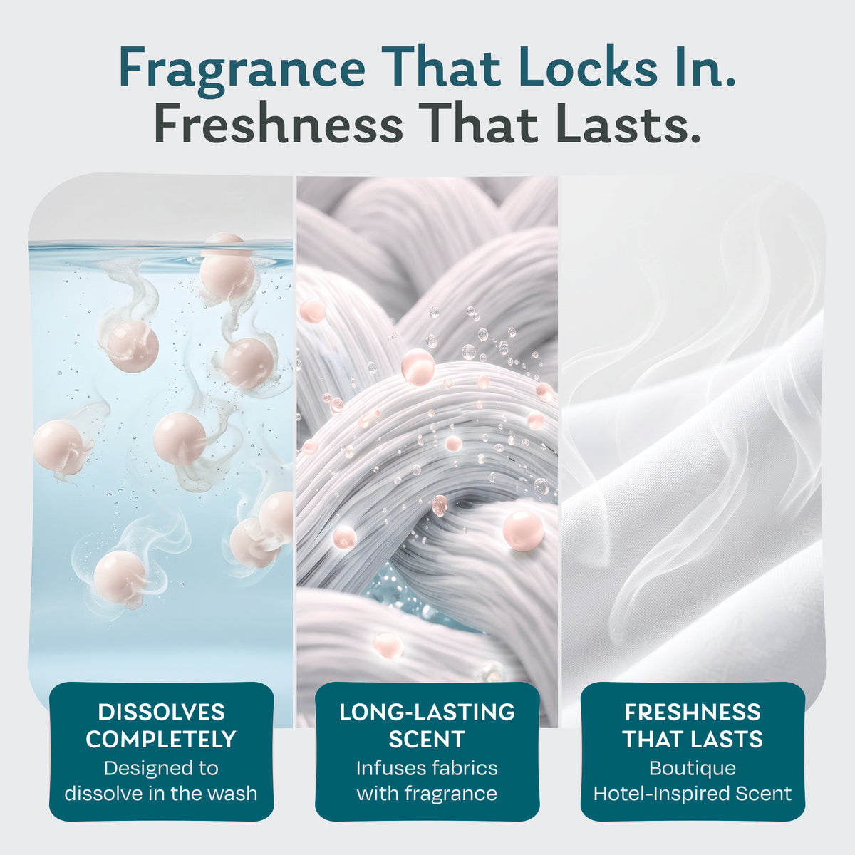 Scent booster beads dissolving completely in the wash and infusing fabric fibers with long-lasting Boutique Hotel fragrance