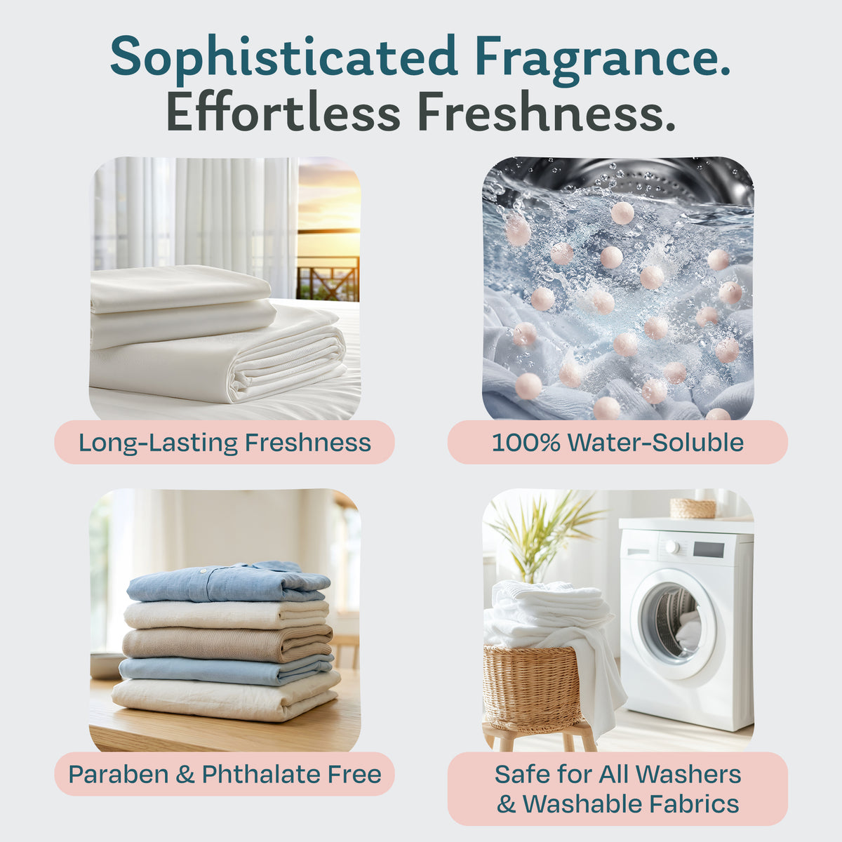 Scent booster beads benefits: long-lasting laundry freshness, 100% water-soluble, paraben and phthalate free, safe for all washers and washable fabrics