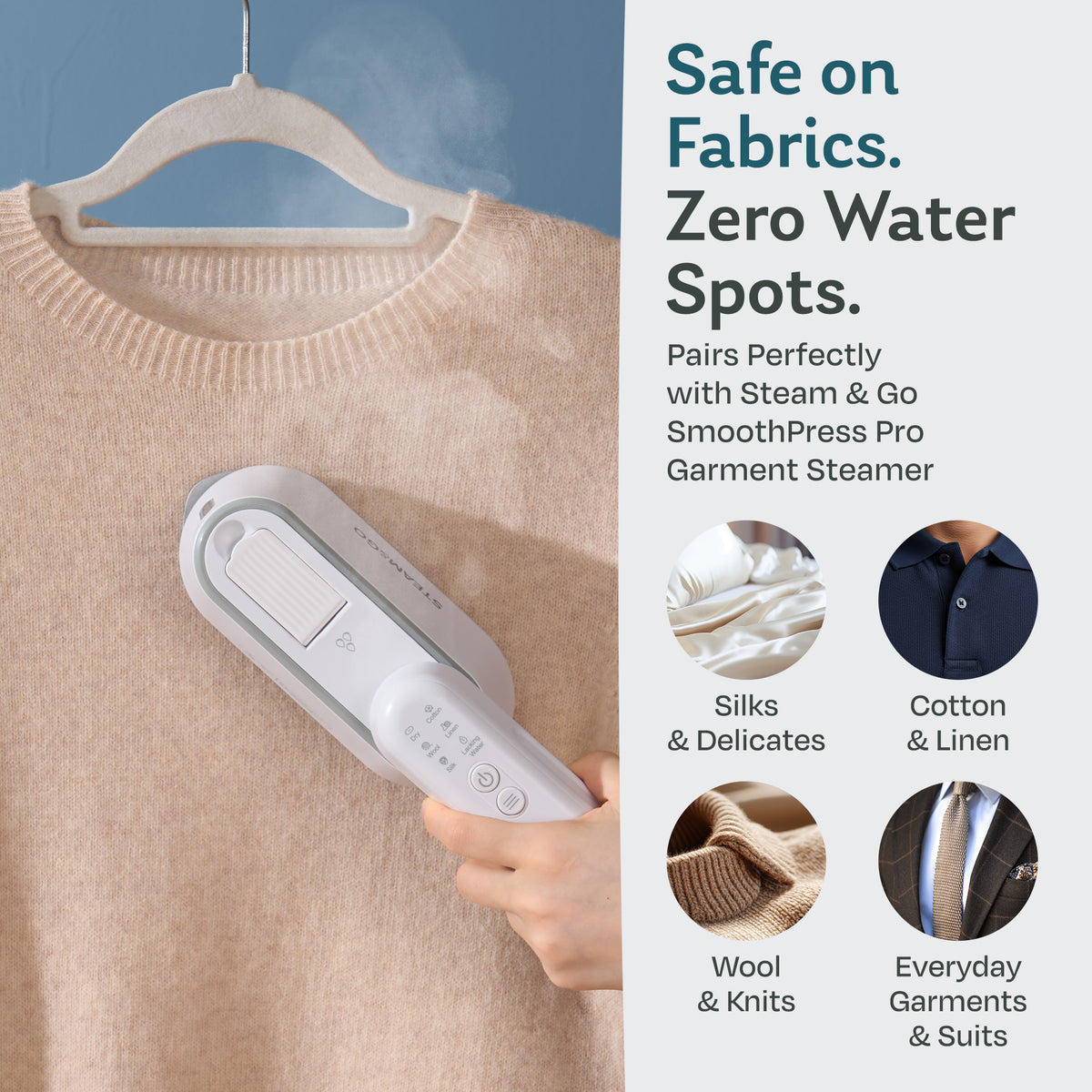 Steam & Go SmoothPress Pro handheld garment steamer used with demineralized water on a wool sweater, safe for silks, cotton, linen, knits and suits
