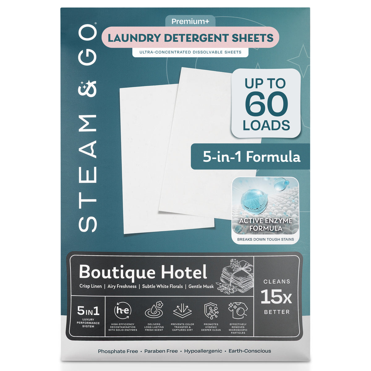 Steam & Go Premium+ laundry detergent sheets in Boutique Hotel scent, 5-in-1 enzyme formula, up to 60 loads