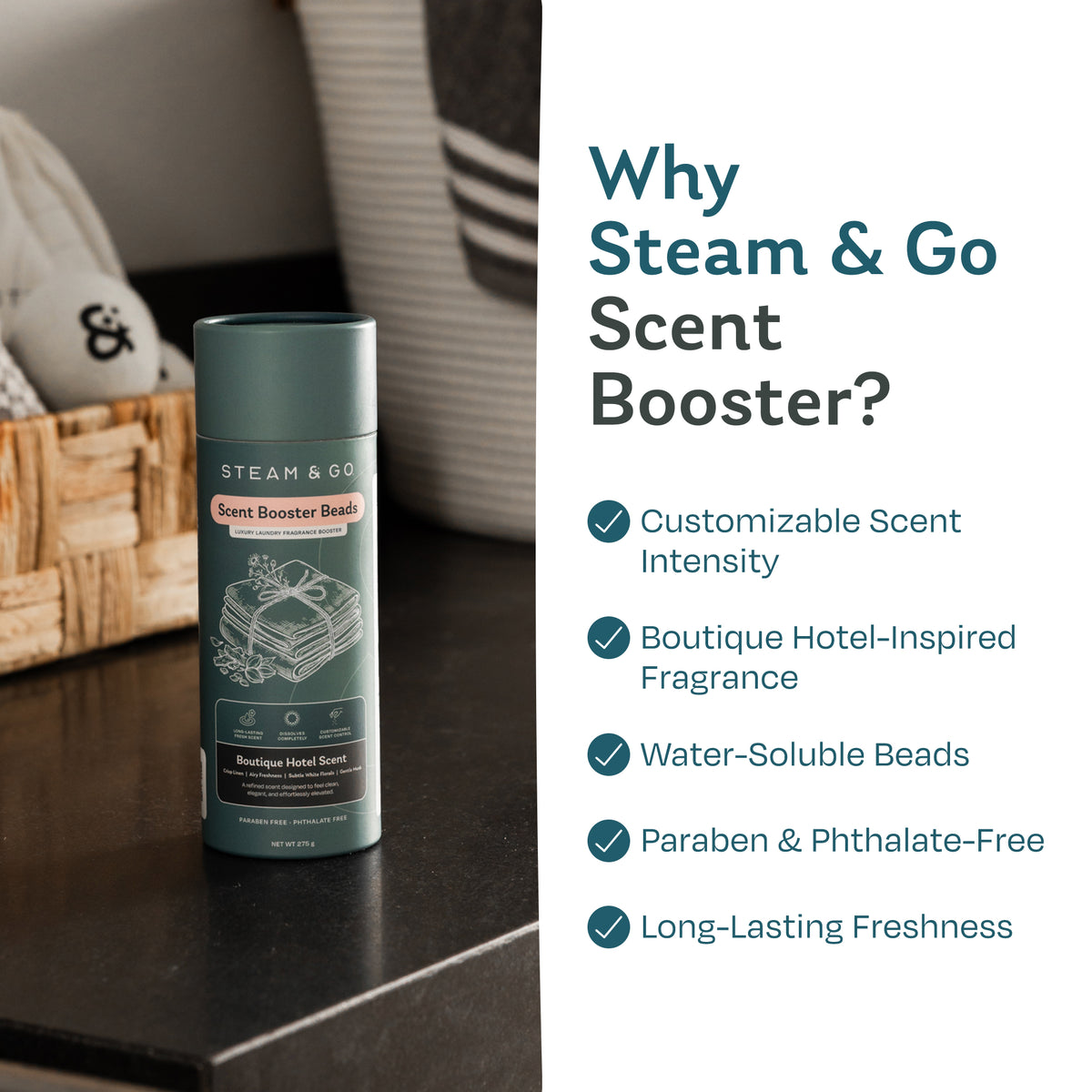 Steam & Go scent booster beads canister in a laundry room, with customizable scent intensity and water-soluble, paraben-free beads