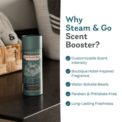 Steam & Go scent booster beads canister in a laundry room, with customizable scent intensity and water-soluble, paraben-free beads