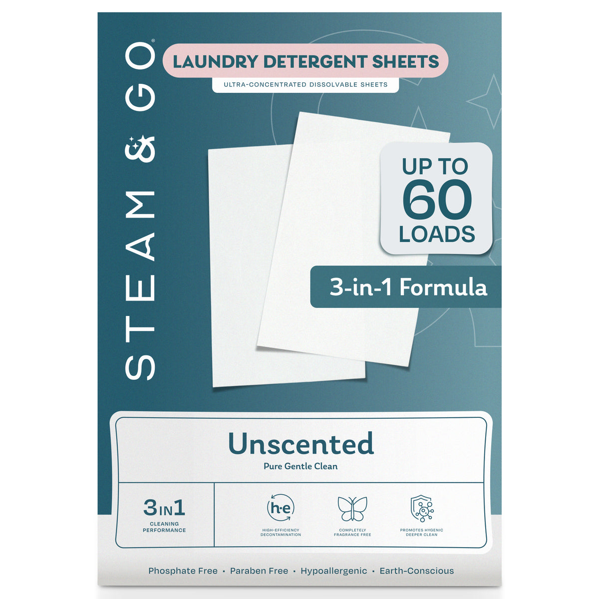 Steam & Go unscented laundry detergent sheets, fragrance-free 3-in-1 formula for sensitive skin, up to 60 loads