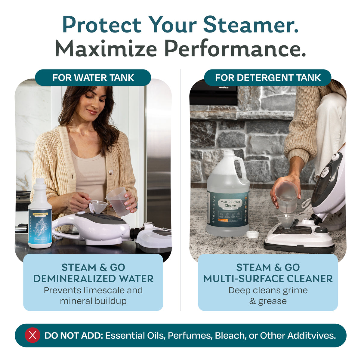 Steam & Go demineralized water for the steam mop water tank and multi-surface cleaner for the detergent tank to prevent limescale buildup