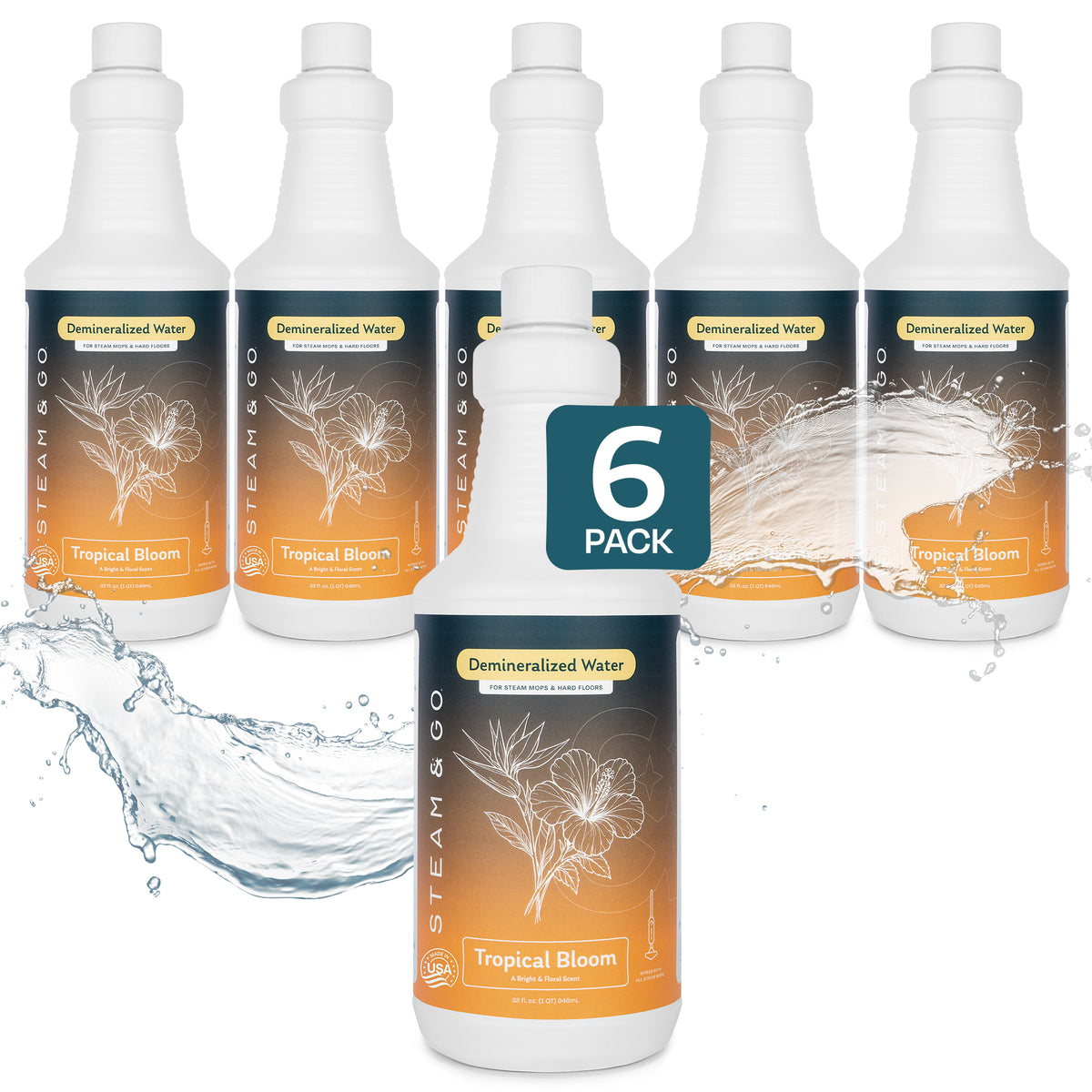 Steam & Go Tropical Bloom scented demineralized water for steam mops, 6-pack of 32 oz bottles