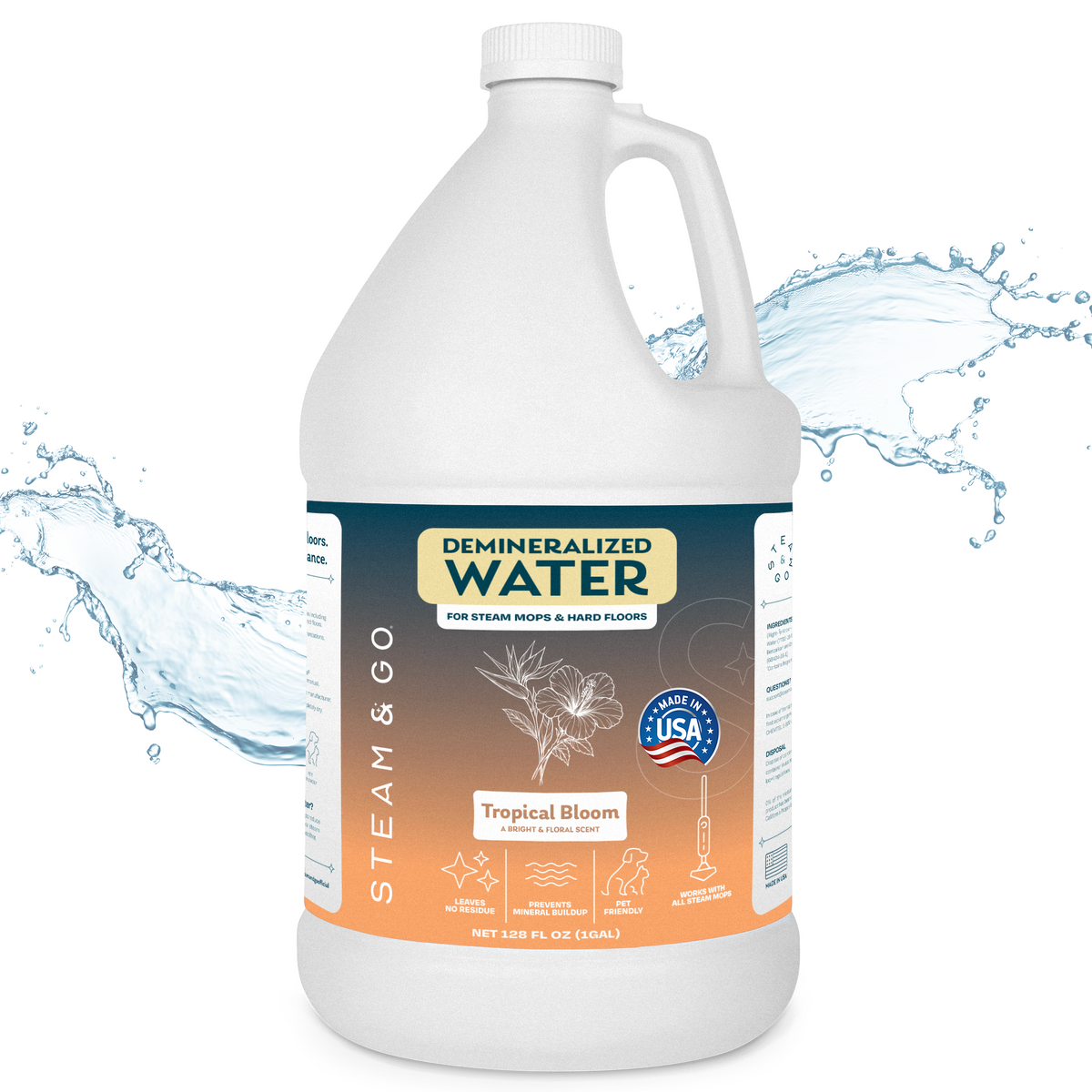 Steam & Go Tropical Bloom scented demineralized water for steam mops and hard floors, 1 gallon, made in USA, prevents mineral buildup
