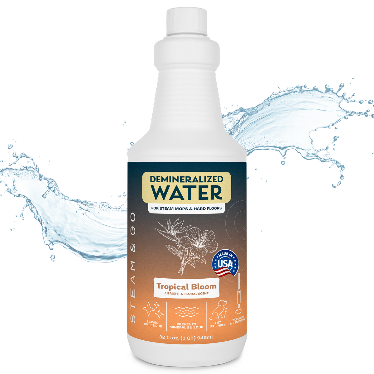 Steam & Go Tropical Bloom scented demineralized water for steam mops and hard floors, 32 oz, made in USA, prevents mineral buildup