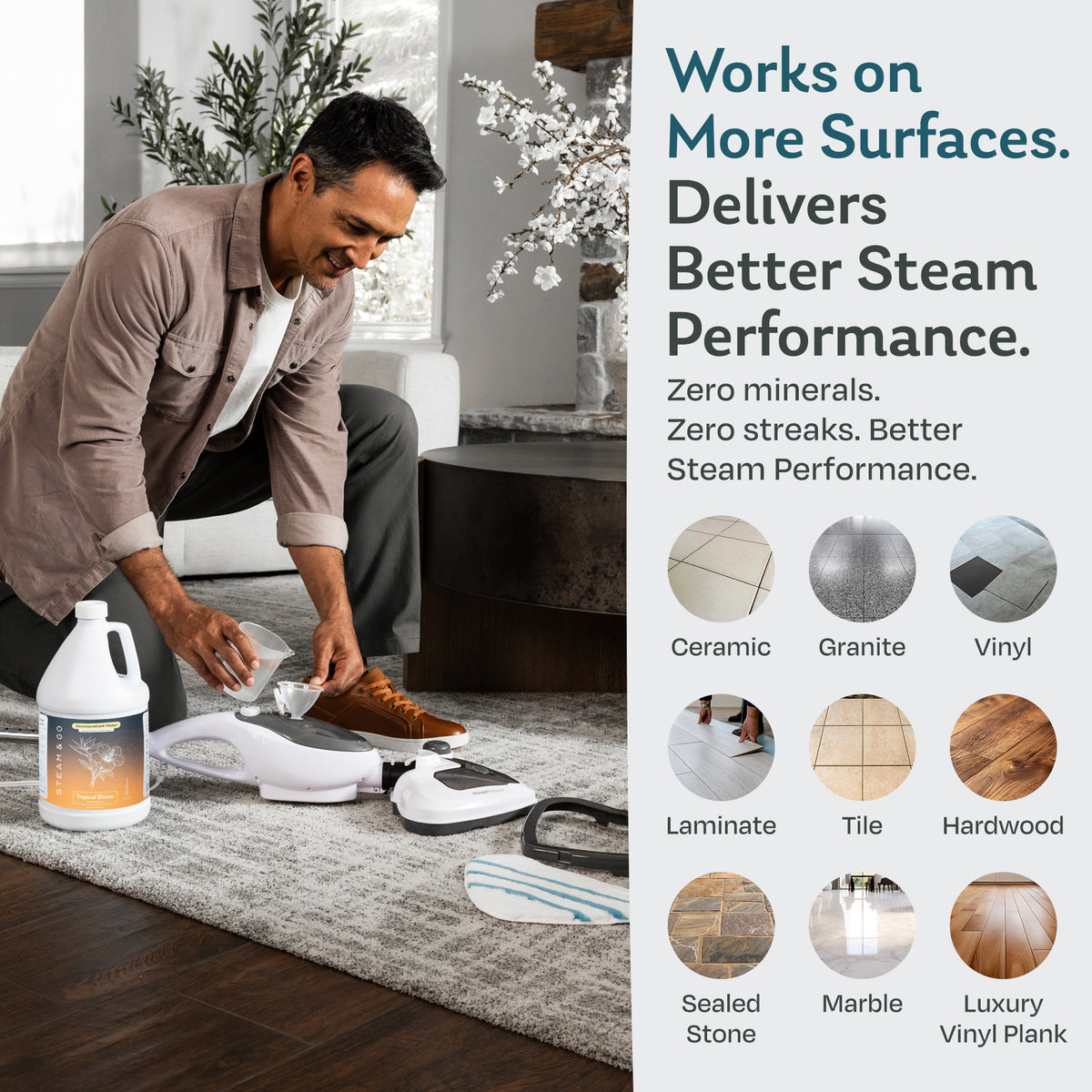 Man filling a steam mop with Tropical Bloom scented demineralized water for streak-free cleaning on ceramic, granite, vinyl, laminate, tile, hardwood, sealed stone, marble and luxury vinyl plank