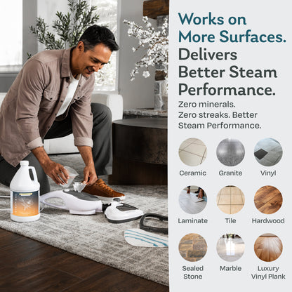 Man filling a steam mop with Tropical Bloom scented demineralized water for streak-free cleaning on ceramic, granite, vinyl, laminate, tile, hardwood, sealed stone, marble and luxury vinyl plank