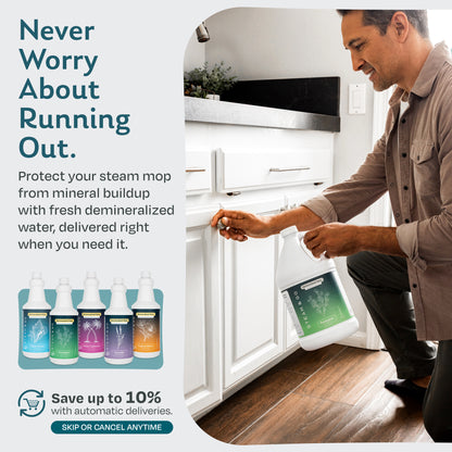 Man storing a gallon of Steam & Go scented demineralized steam mop water under the sink; subscribe and save up to 10% with automatic deliveries, skip or cancel anytime