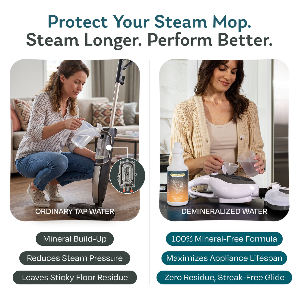 Tap water vs Tropical Bloom scented demineralized water for steam mops: tap water causes mineral buildup, while mineral-free water protects the mop and leaves streak-free floors