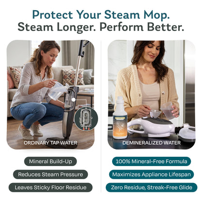 Tap water vs Tropical Bloom scented demineralized water for steam mops: tap water causes mineral buildup, while mineral-free water protects the mop and leaves streak-free floors