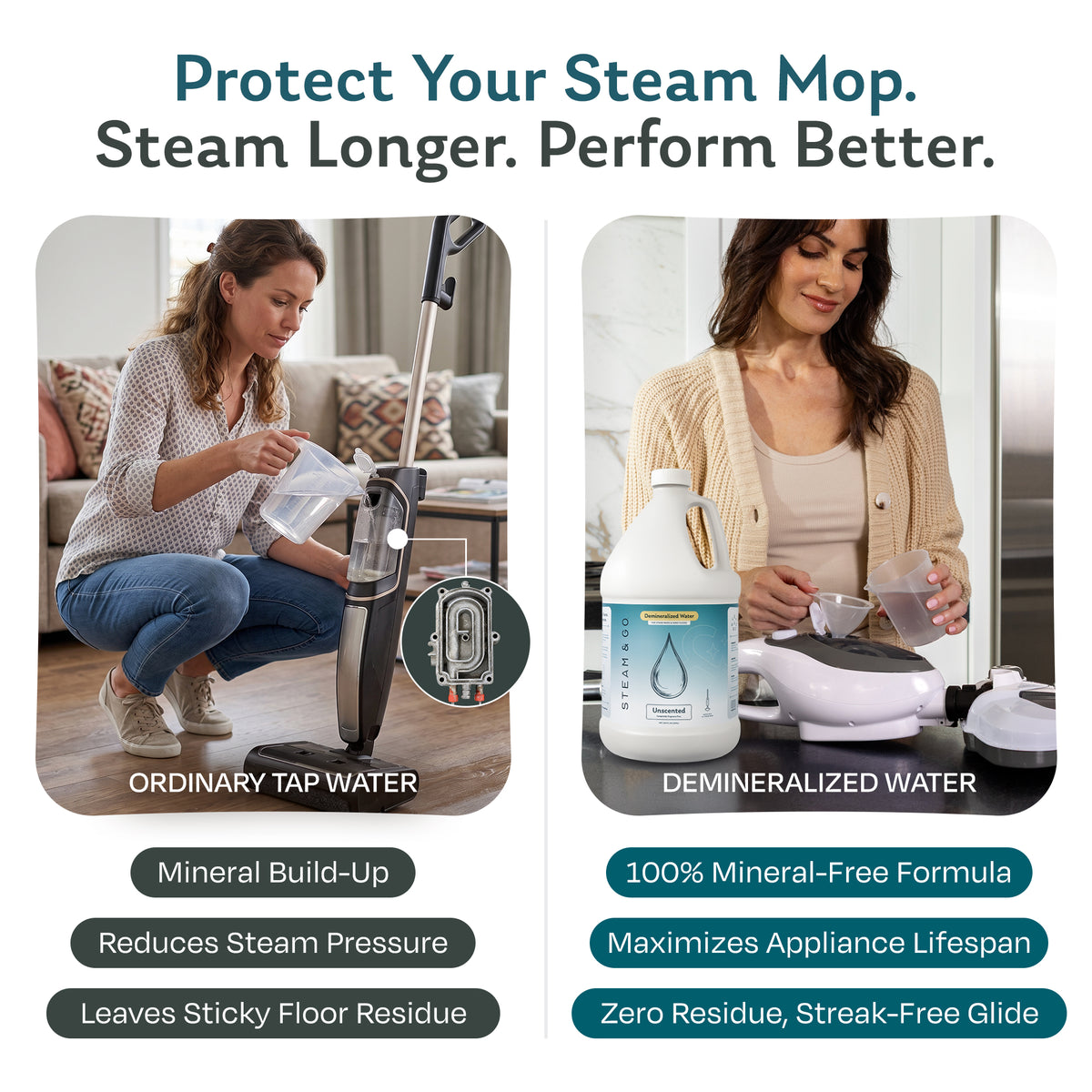 Tap water vs demineralized water for steam mops: tap water causes mineral buildup and residue, while mineral-free water protects the mop and leaves streak-free floors