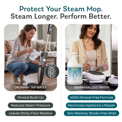 Tap water vs demineralized water for steam mops: tap water causes mineral buildup and residue, while mineral-free water protects the mop and leaves streak-free floors