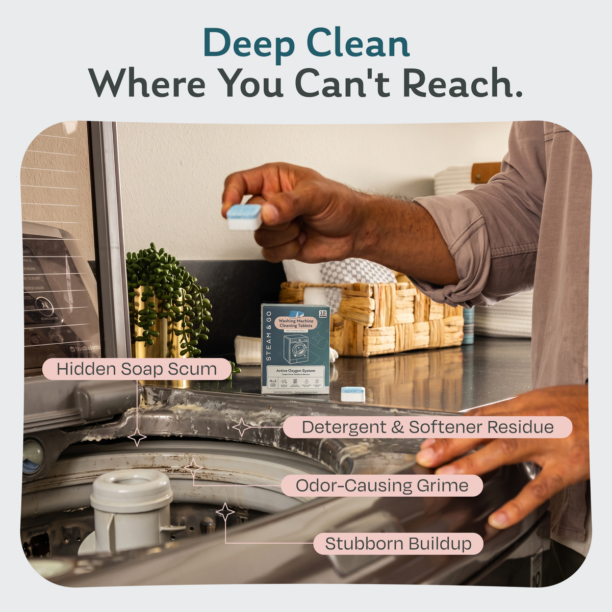 Dropping a Steam & Go washing machine cleaning tablet into a top-load washer to deep clean hidden soap scum, detergent residue and odor-causing grime
