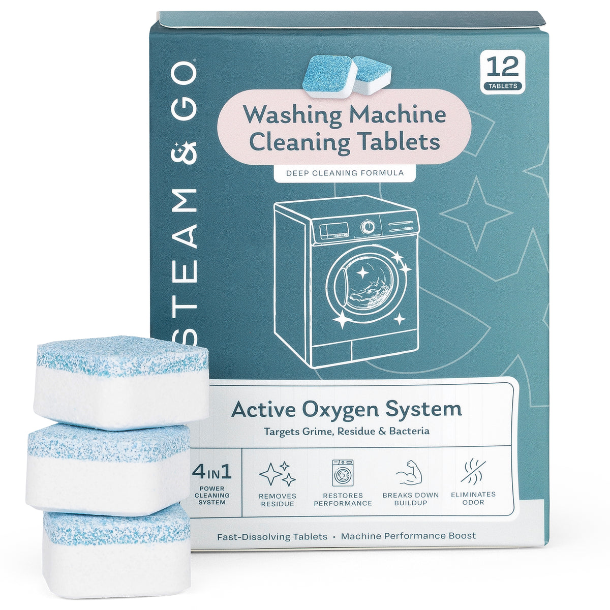 Steam & Go washing machine cleaning tablets, 12-pack with active oxygen deep cleaning formula that removes residue, buildup and odor
