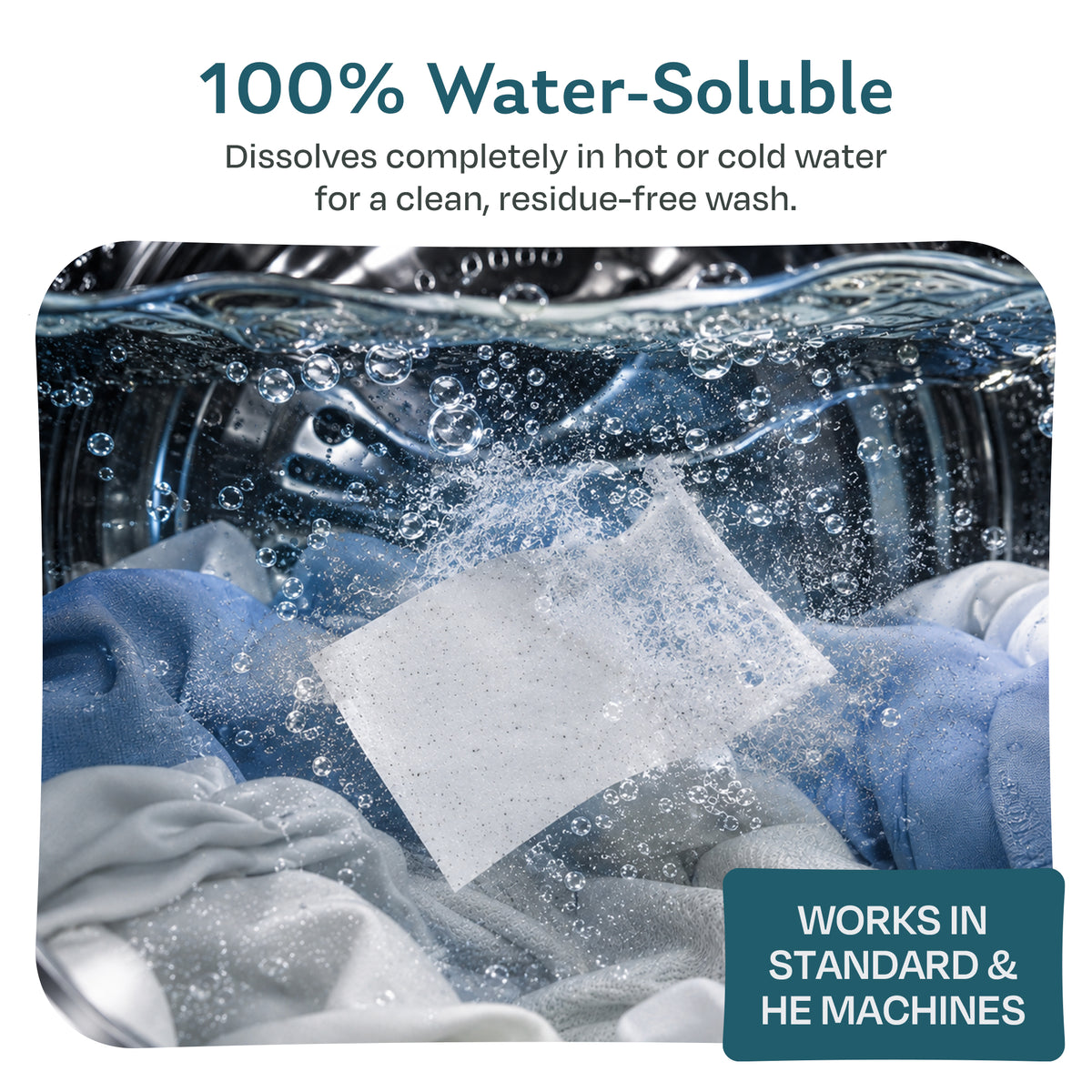 Water-soluble laundry detergent sheet dissolving in a washing machine, works in hot or cold water and in standard and HE machines