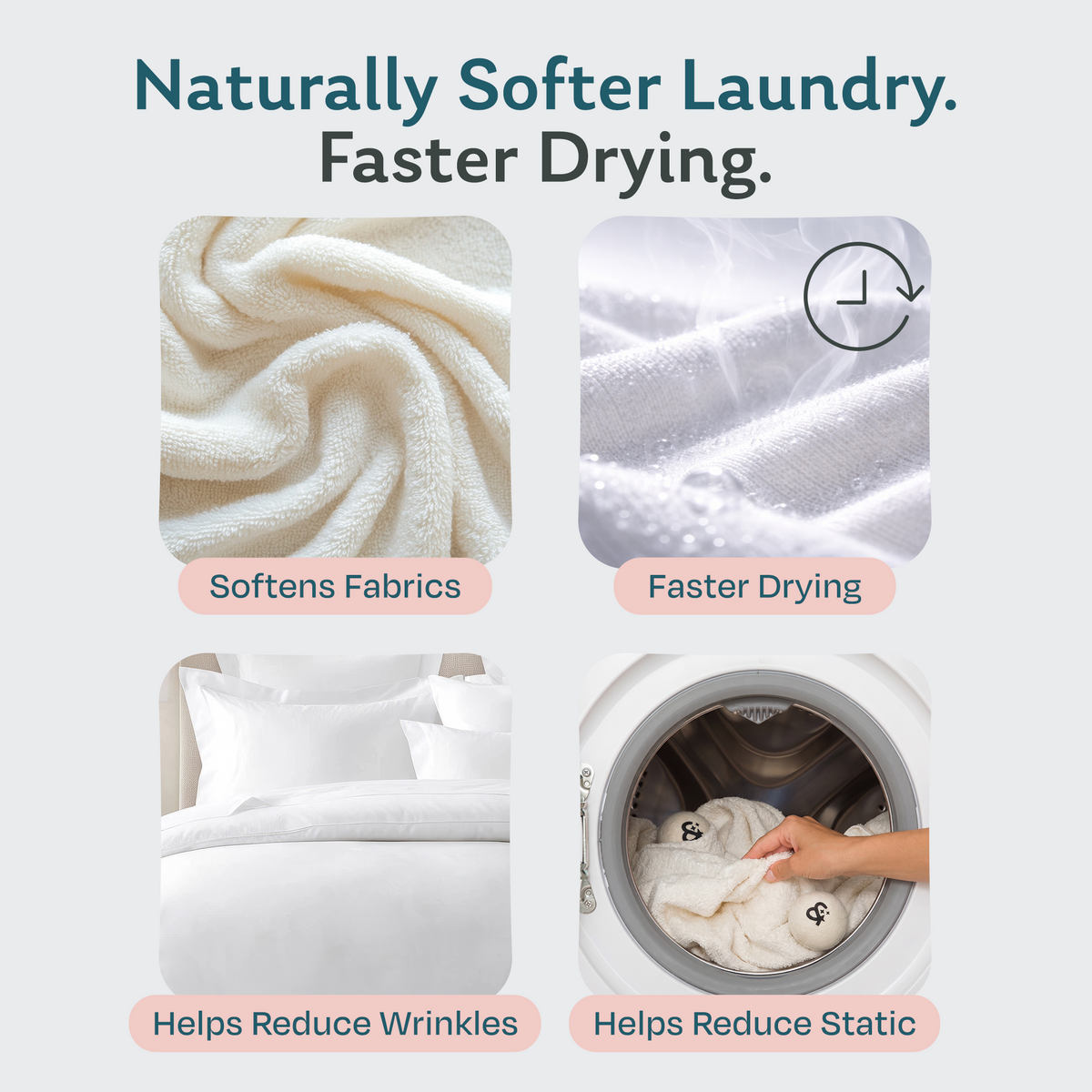 Wool dryer balls benefits: naturally softer laundry, faster drying, fewer wrinkles and less static