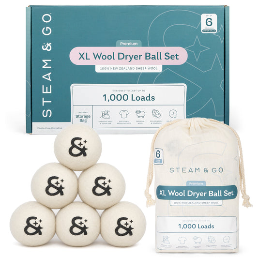 Steam & Go XL wool dryer balls, set of 6 made from 100% New Zealand wool, with reusable storage bag, lasts up to 1,000 loads