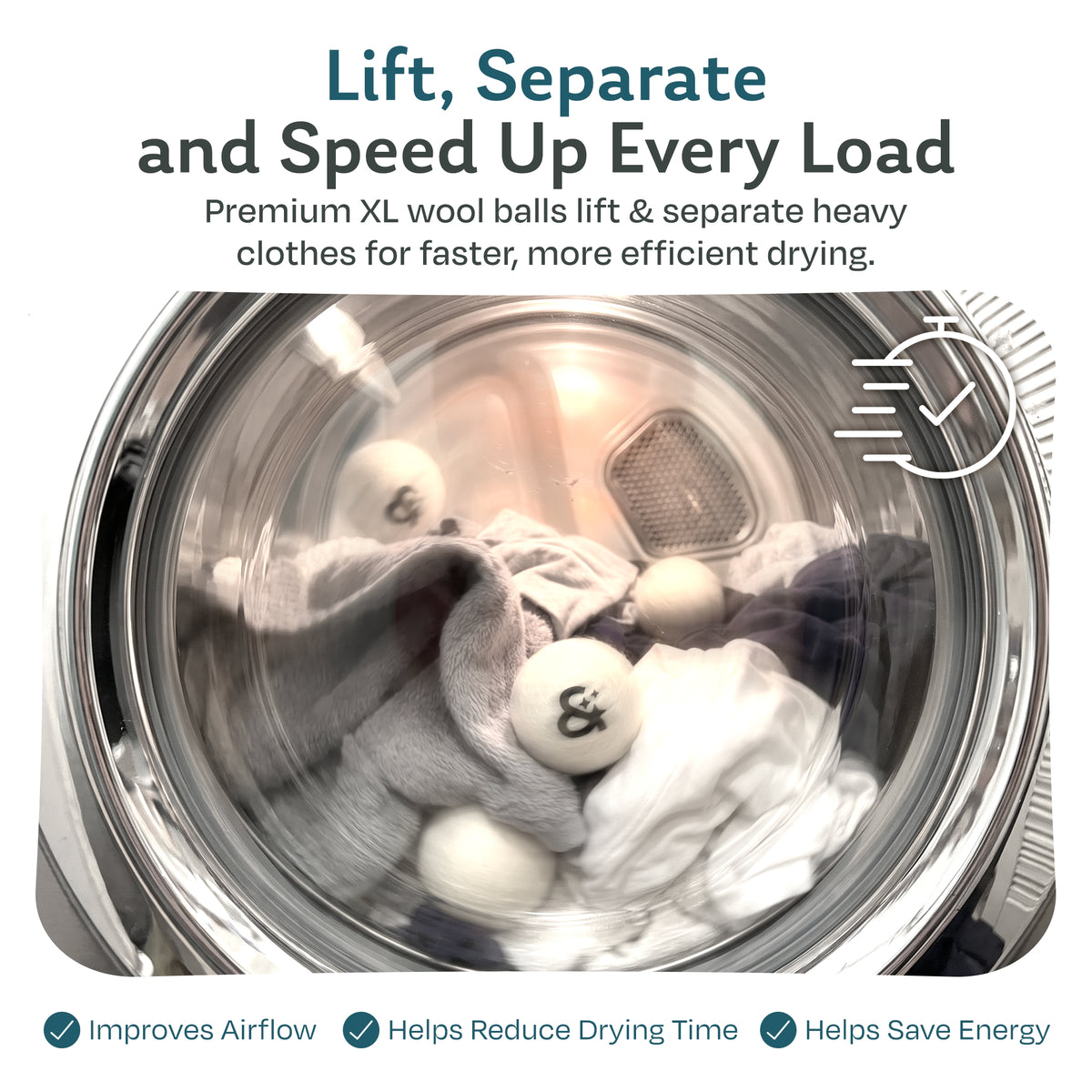 XL wool dryer balls tumbling with clothes in a dryer to improve airflow, reduce drying time and save energy